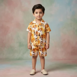 Boys' Mustard Abstract Print Cuban Collar Shirt and Shorts Set