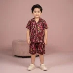 Boys' Maroon Numeric Print Cuban Collar Shirt and Shorts Set - Red