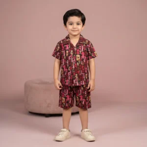Boys' Maroon Numeric Print Cuban Collar Shirt and Shorts Set