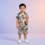 Boys' Tiger Stripe Typographic Cuban Collar Shirt and Shorts Set - Coffee