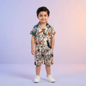 Boys' Tiger Stripe Typographic Cuban Collar Shirt and Shorts Set