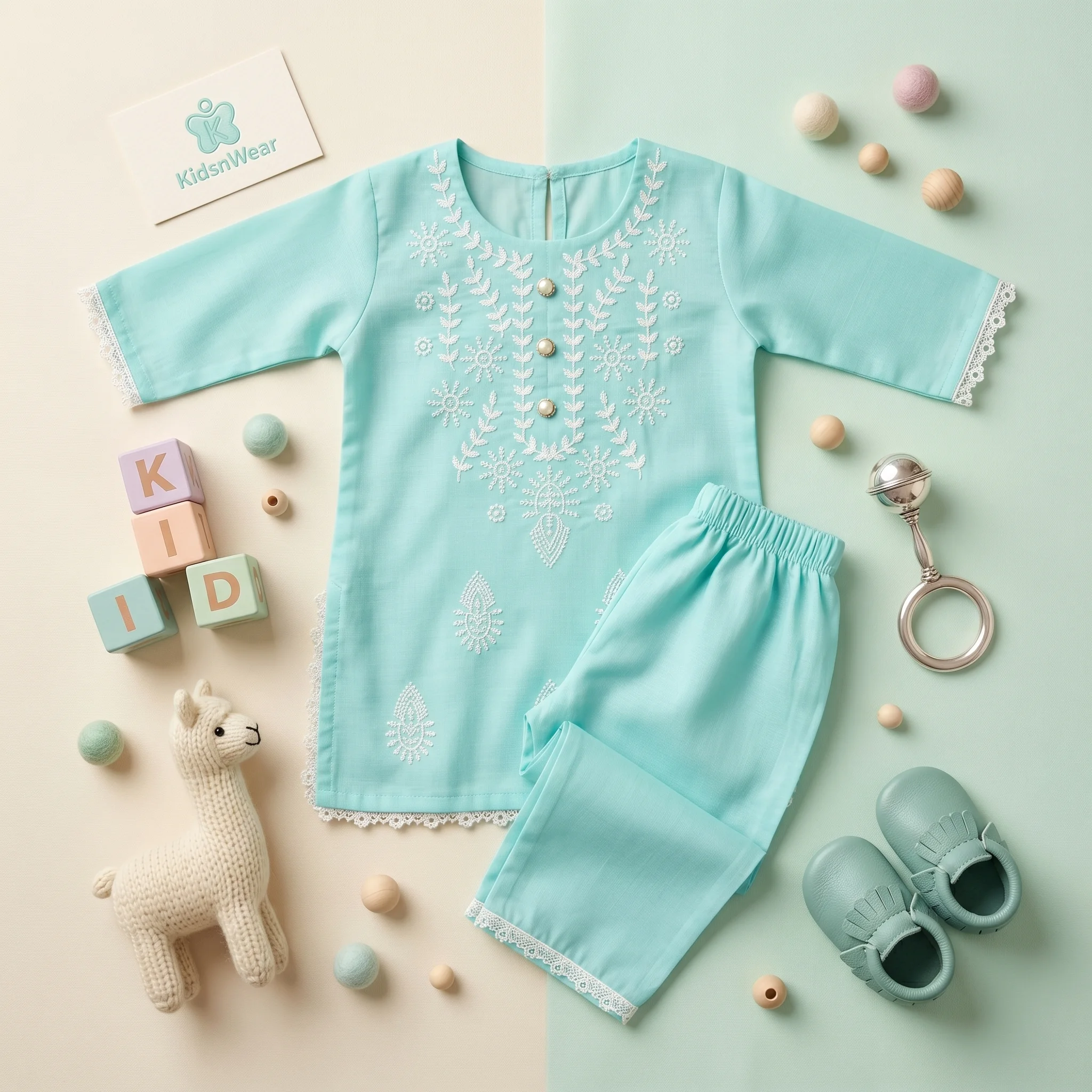 Girls' Embroidered Kurta and Trouser Two-Piece Set - Image 4