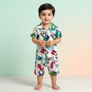 Boys' Vibrant Alphabet Typography Premium Cuban Collar Shirt and Shorts Set