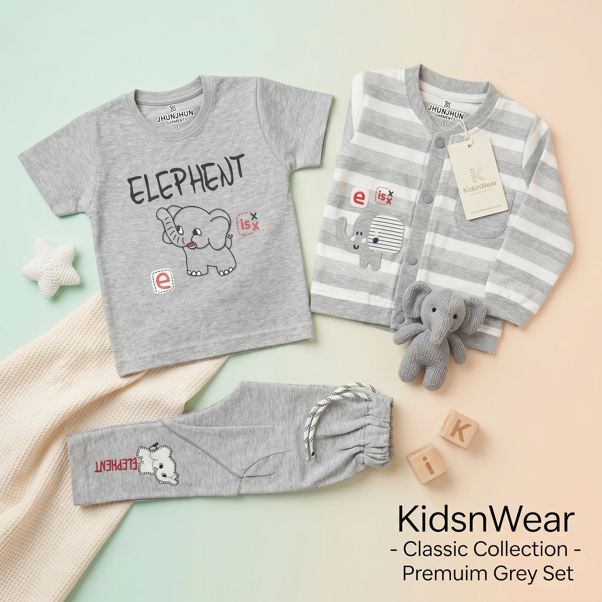 KidsnWear Boys' Premium Grey Elephant Three-Piece Cardigan and Tee Set - Image 2