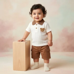 Boys' Bear Patch Textured Polo and Cargo Shorts Set