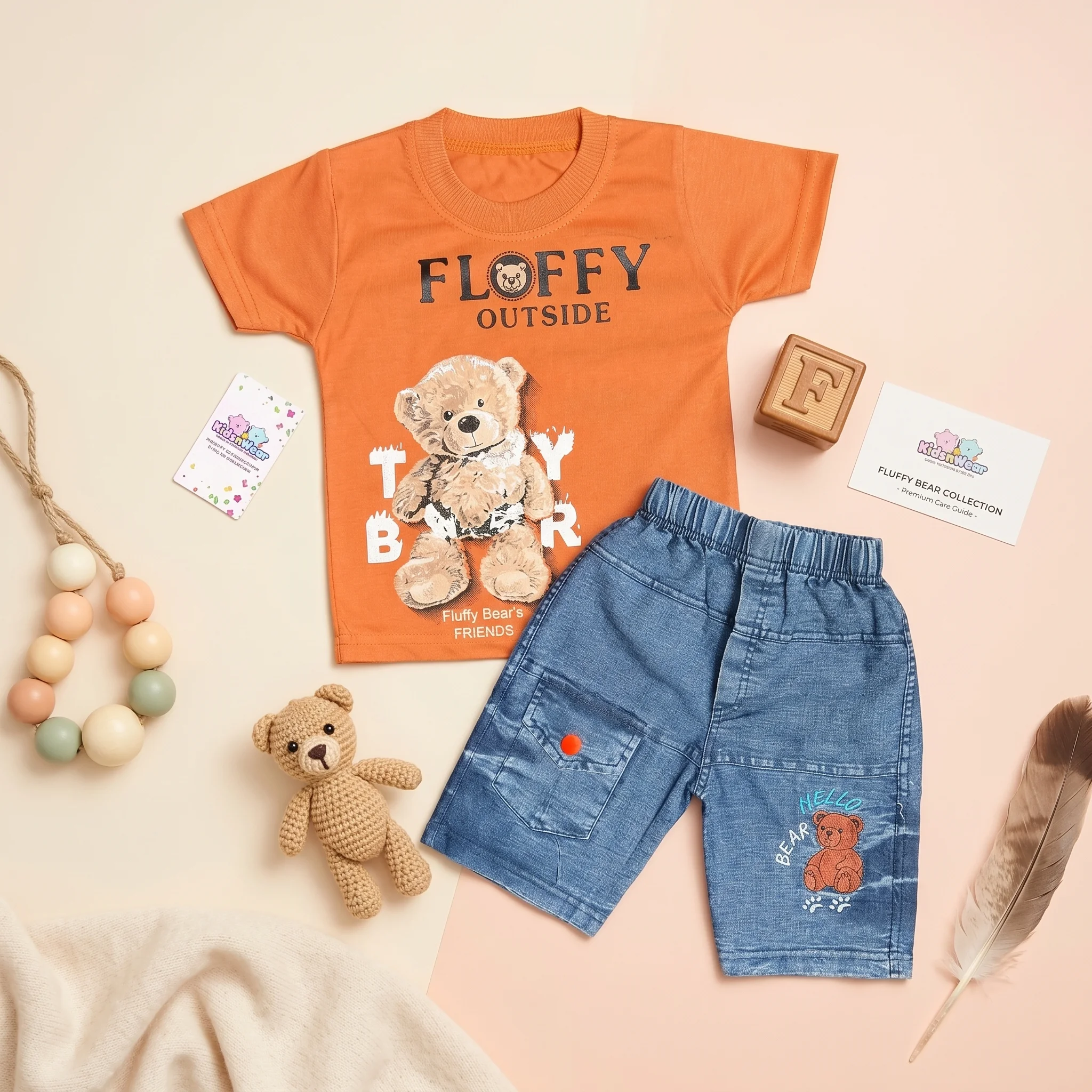 Boys' Fluffy Bear Print Tee and Denim Shorts Set - Image 4