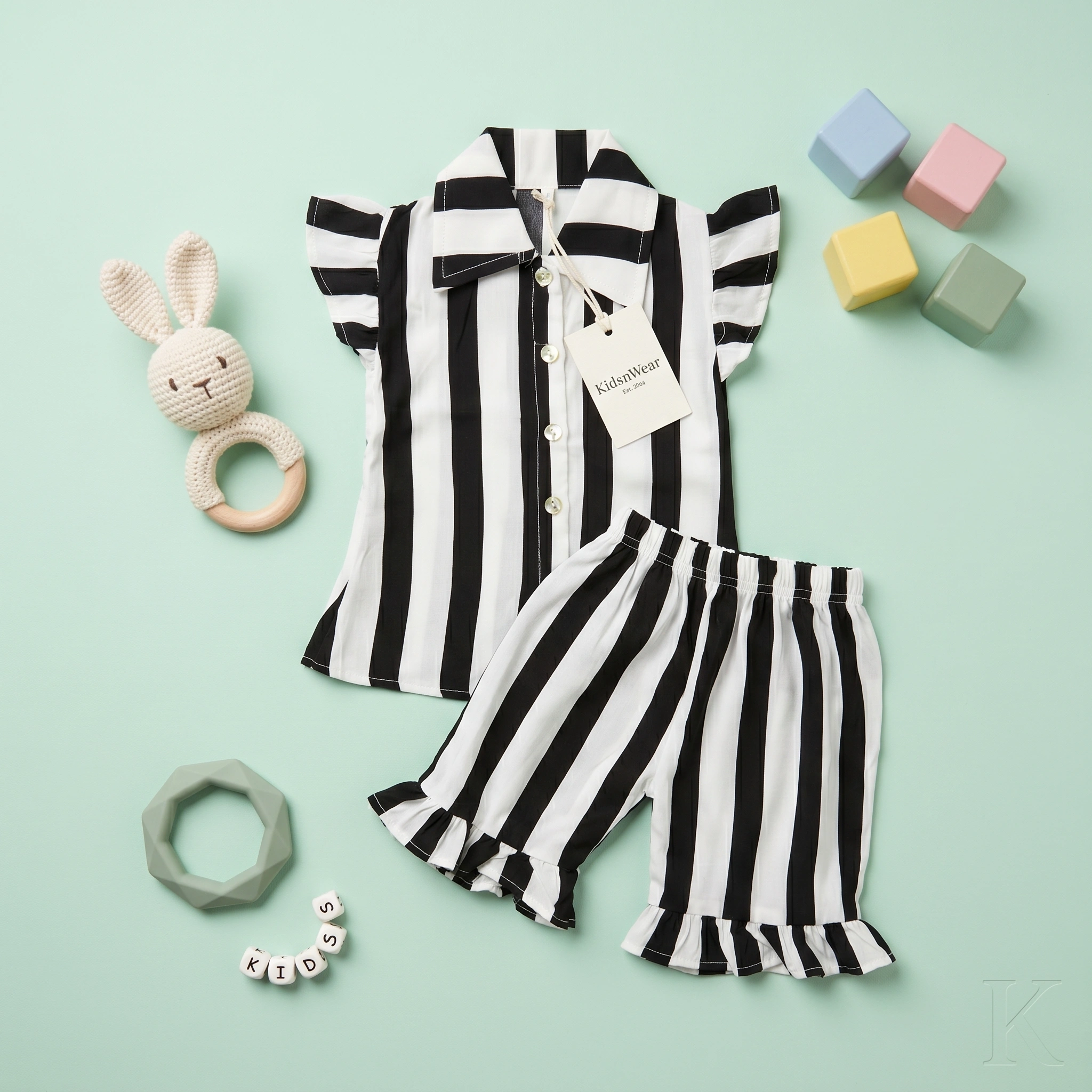 KidsnWear Girls’ Premium Arabic Lawn Black & White Striped Boutique Set - Image 2
