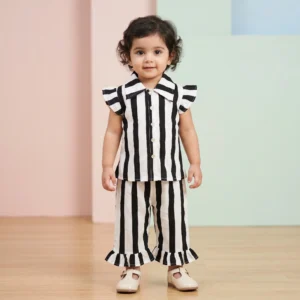 KidsnWear Girls’ Premium Arabic Lawn Black & White Striped Boutique Set