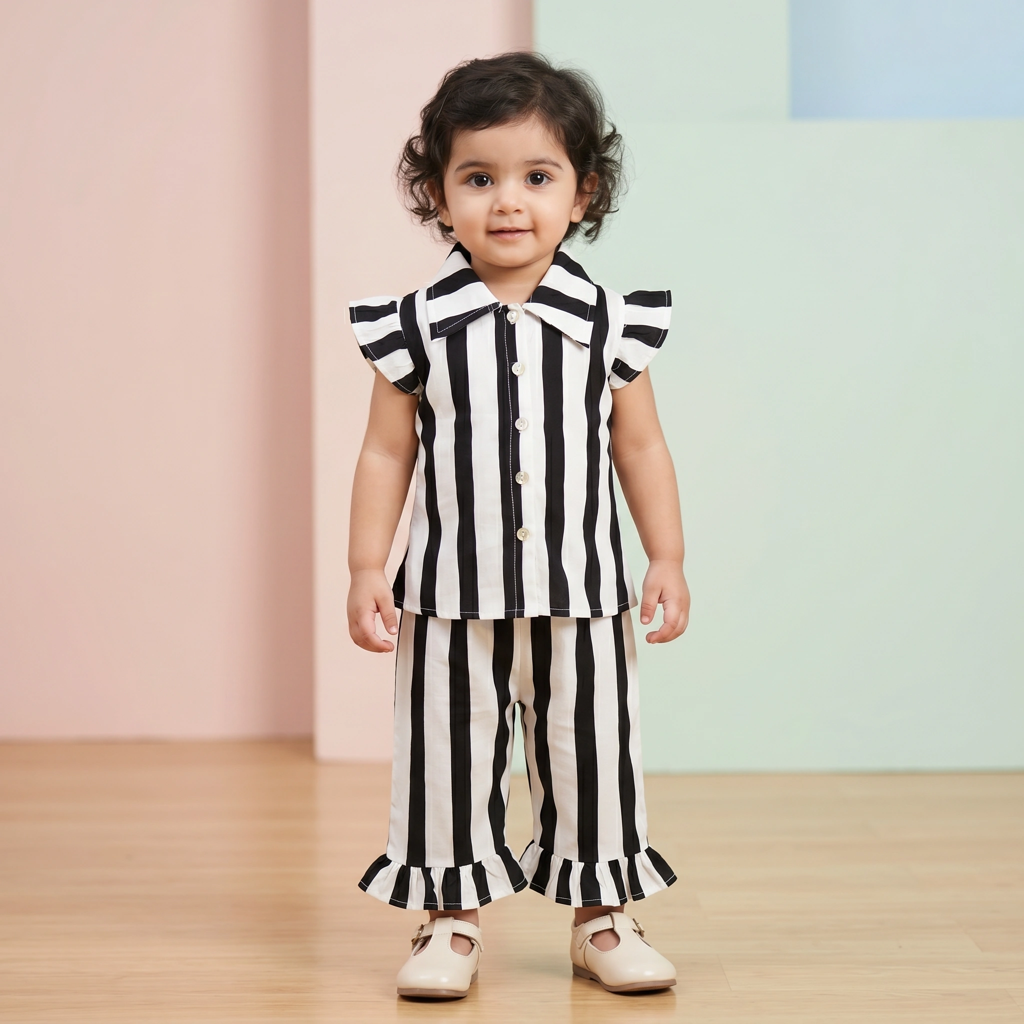 KidsnWear Girls’ Premium Arabic Lawn Black & White Striped Boutique Set