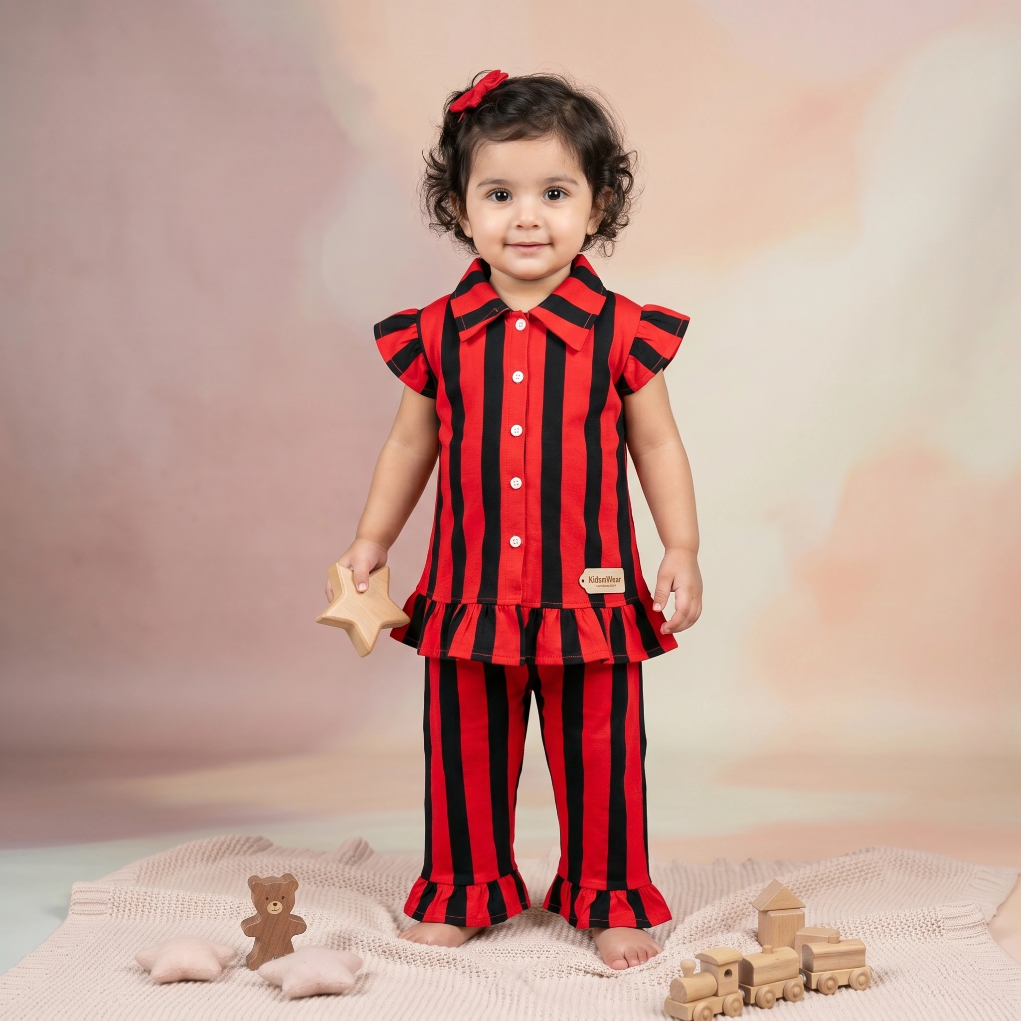 KidsnWear Girls’ Premium Arabic Lawn Black & White Striped Boutique Set - Image 3