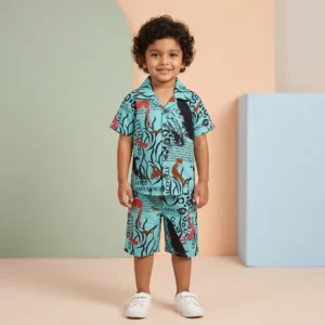 Boys' Turquoise Abstract Typographic Cuban Collar Shirt and Shorts Set