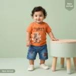 Boys' Fluffy Bear Print Tee and Denim Shorts Set - Orange