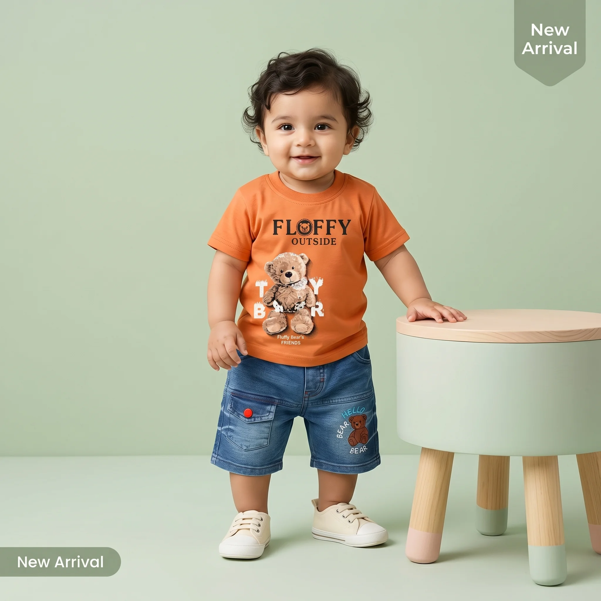 Boys' Fluffy Bear Print Tee and Denim Shorts Set - Image 3