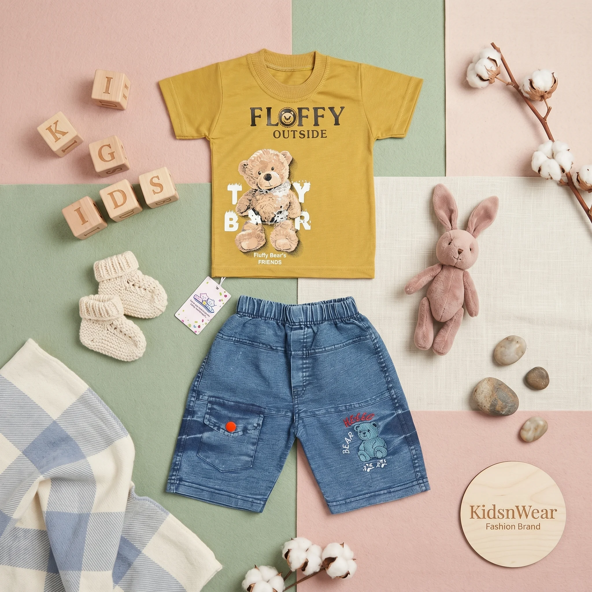 Boys' Fluffy Bear Print Tee and Denim Shorts Set - Image 6