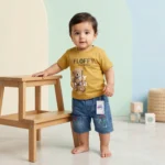 Boys' Fluffy Bear Print Tee and Denim Shorts Set - Mustard Yellow