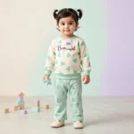 KidsnWear Girls’ Premium Interlock Cotton "Beautiful" Heart Tee and Floral Trousers Set - Sea Green