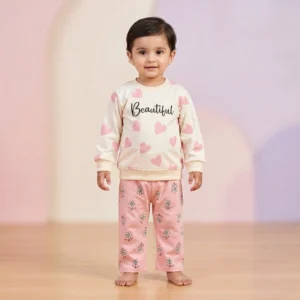 KidsnWear Girls’ Premium Interlock Cotton "Beautiful" Heart Tee and Floral Trousers Set