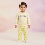 KidsnWear Girls’ Premium Interlock Cotton "Beautiful" Heart Tee and Floral Trousers Set - Yellow