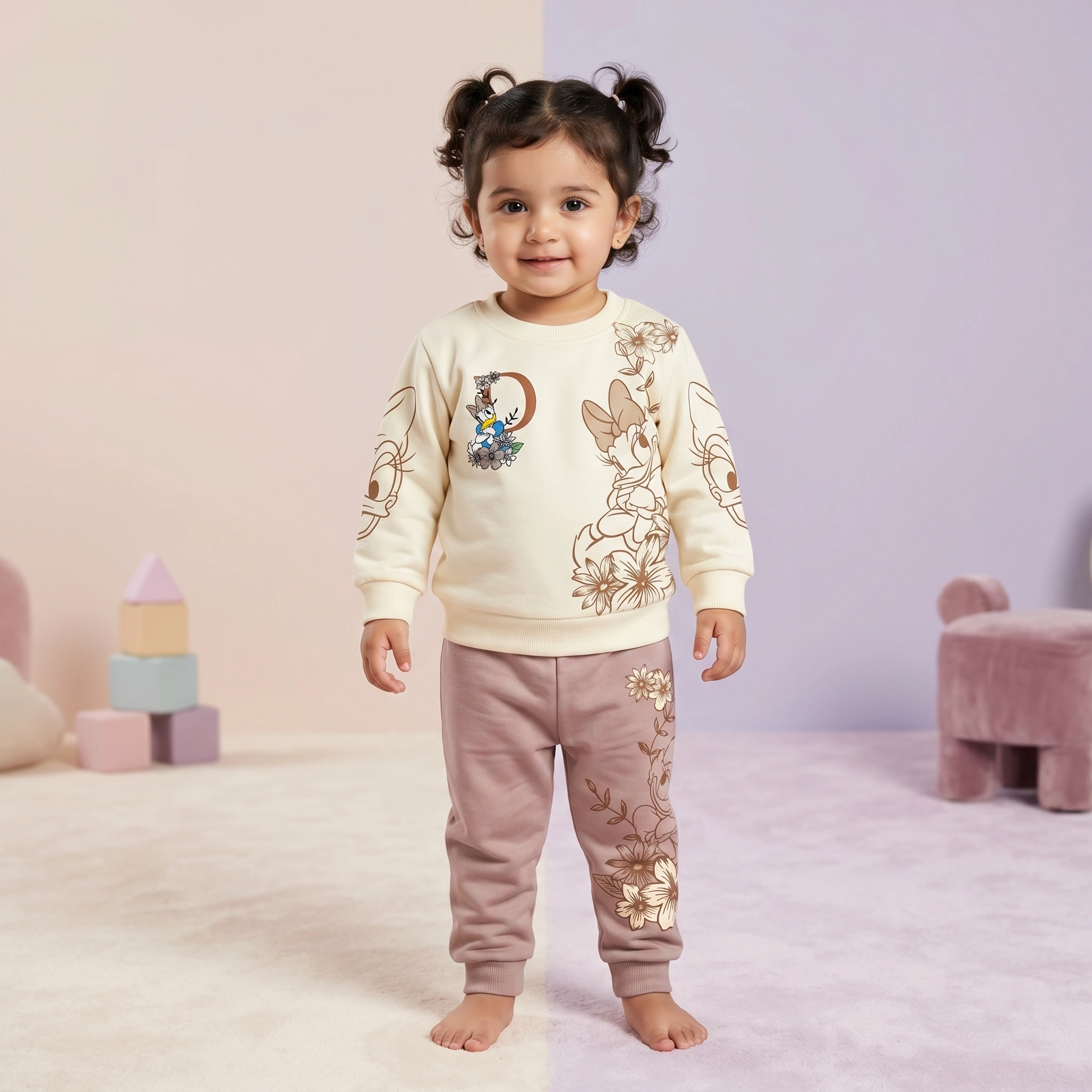 KidsnWear Girls’ Premium Interlock Cotton Daisy Duck Floral Tee and Trousers Set - Image 5