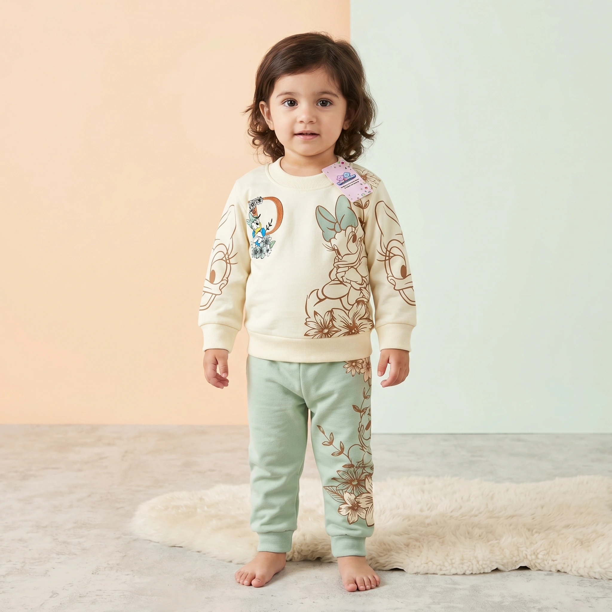 KidsnWear Girls’ Premium Interlock Cotton Daisy Duck Floral Tee and Trousers Set - Image 3