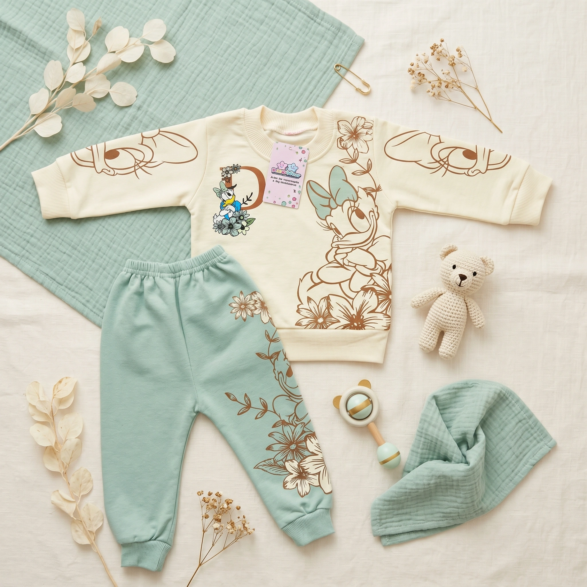 KidsnWear Girls’ Premium Interlock Cotton Daisy Duck Floral Tee and Trousers Set - Image 4