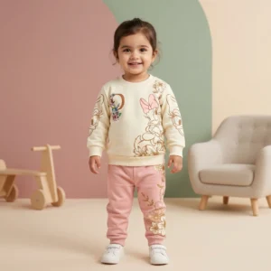 KidsnWear Girls’ Premium Interlock Cotton Daisy Duck Floral Tee and Trousers Set