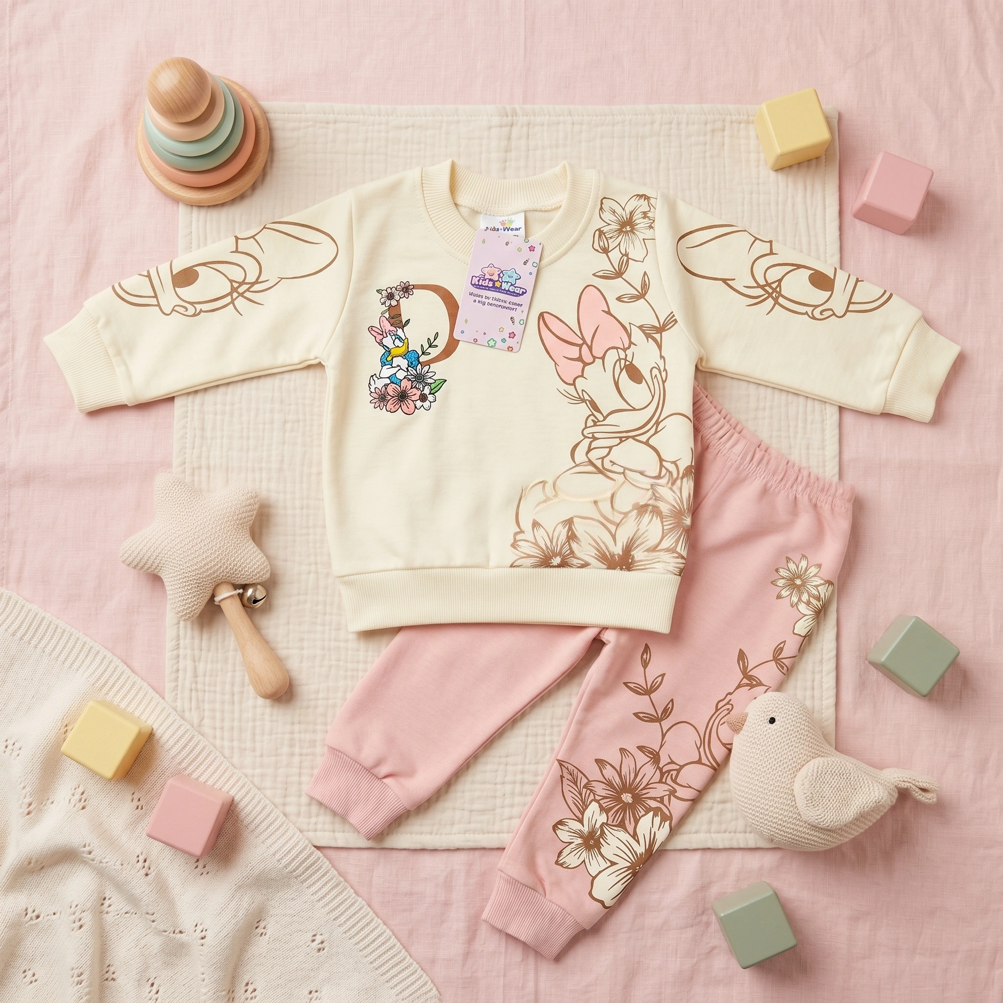 KidsnWear Girls’ Premium Interlock Cotton Daisy Duck Floral Tee and Trousers Set - Image 2