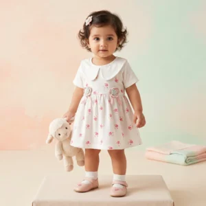 KidsnWear Baby Girls’ Premium Ribbed Cotton Floral Collar Frock