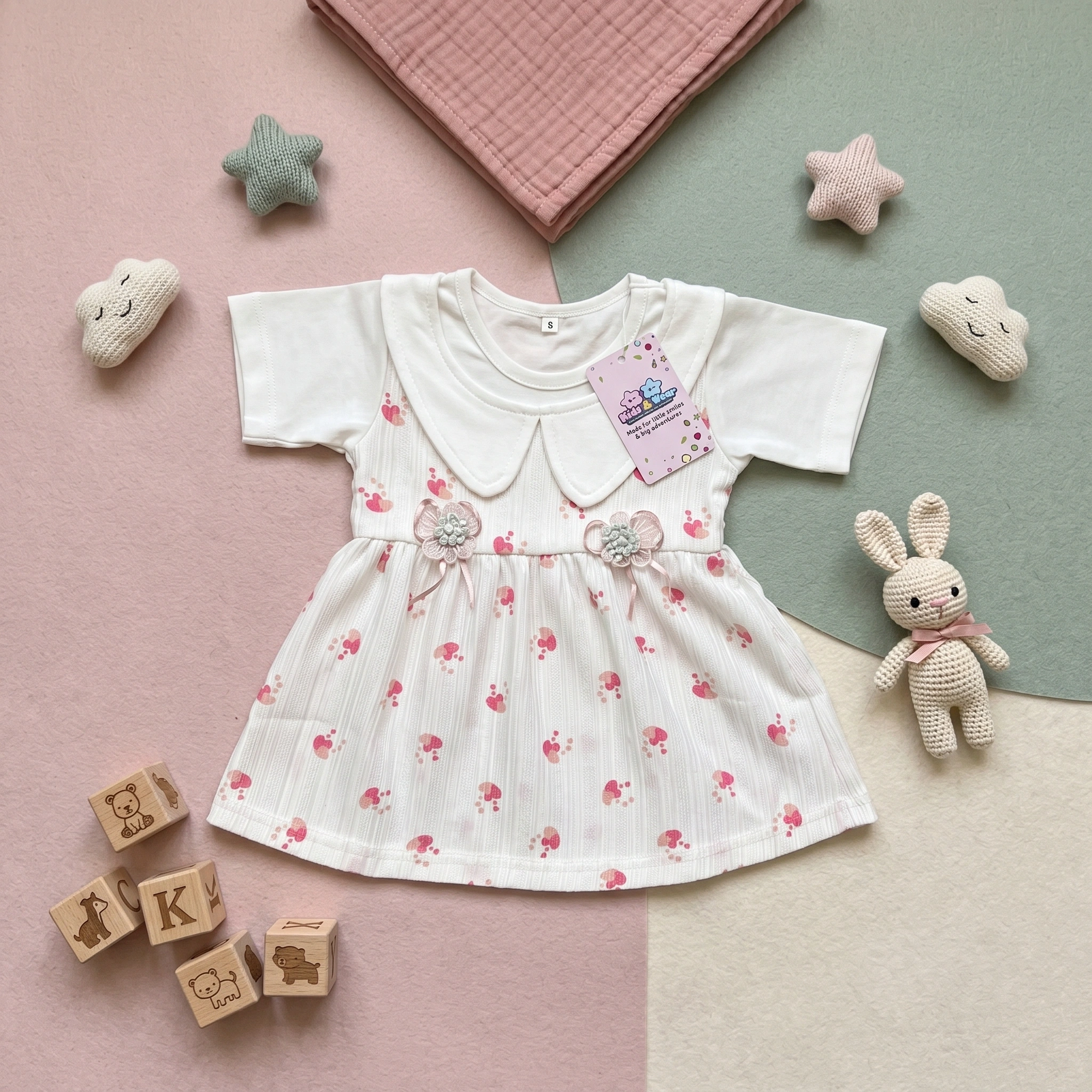 KidsnWear Baby Girls’ Premium Ribbed Cotton Floral Collar Frock - Image 2