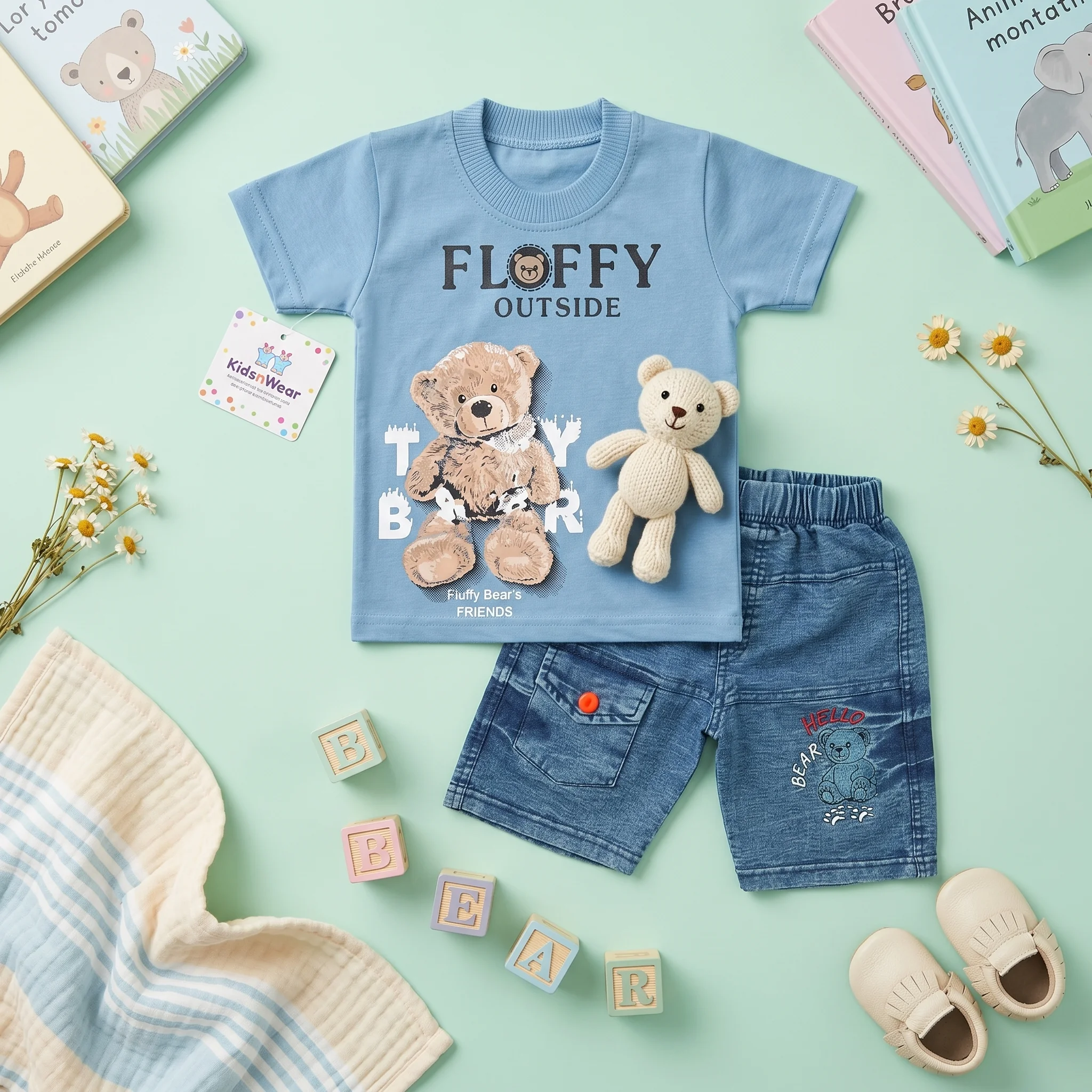 Boys' Fluffy Bear Print Tee and Denim Shorts Set - Image 2