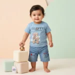 Boys' Fluffy Bear Print Tee and Denim Shorts Set - Blue