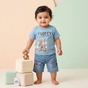 Boys' Fluffy Bear Print Tee and Denim Shorts Set