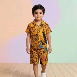 Boys' Ochre Leopard and Typographic Cuban Collar Shirt and Shorts Set