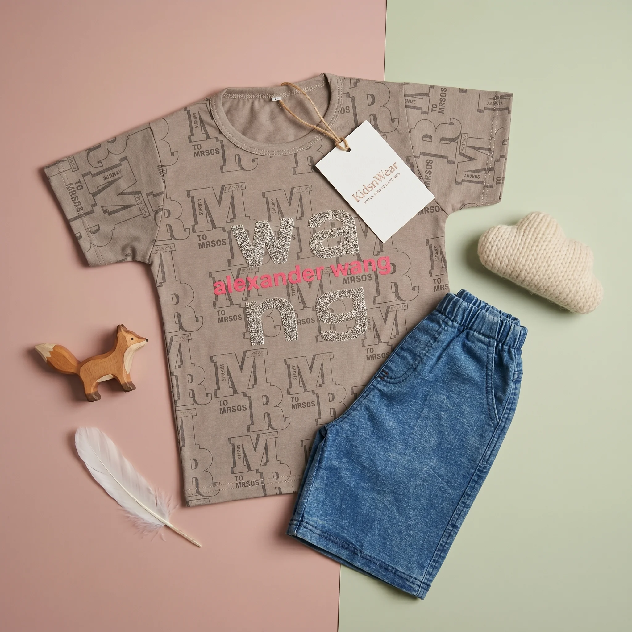 Boys' Alexander Wang Monogram Print Graphic Tee and Denim Shorts Set - Image 6