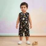 KidsnWear Boys’ Super Premium Imported Sleeveless Designer Print Summer Set - Jet Black with orange yellow abstract