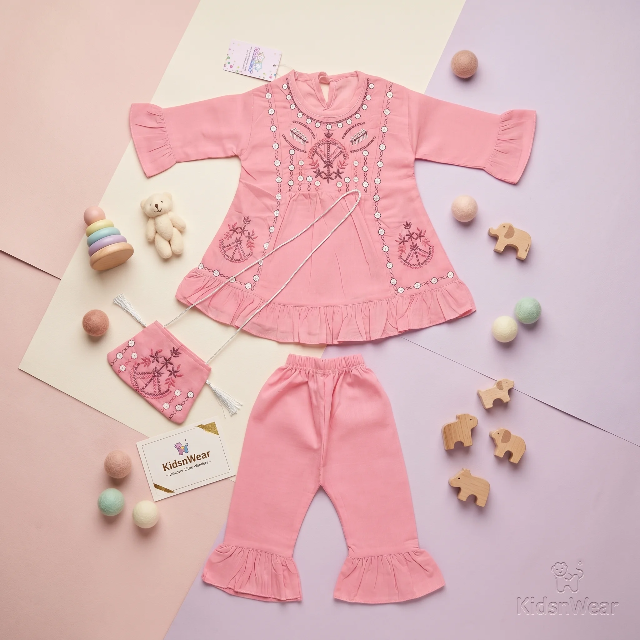 Girls Embroidered Peplum Tunic and Frill Trouser Set - Image 6