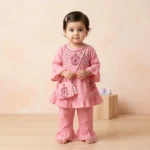 Girls Embroidered Peplum Tunic and Frill Trouser Set - Pink