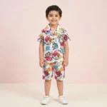 Boys' Multi-Color Pop-Art Typographic Cuban Collar Shirt and Shorts Set - Pink
