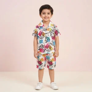 Boys' Multi-Color Pop-Art Typographic Cuban Collar Shirt and Shorts Set