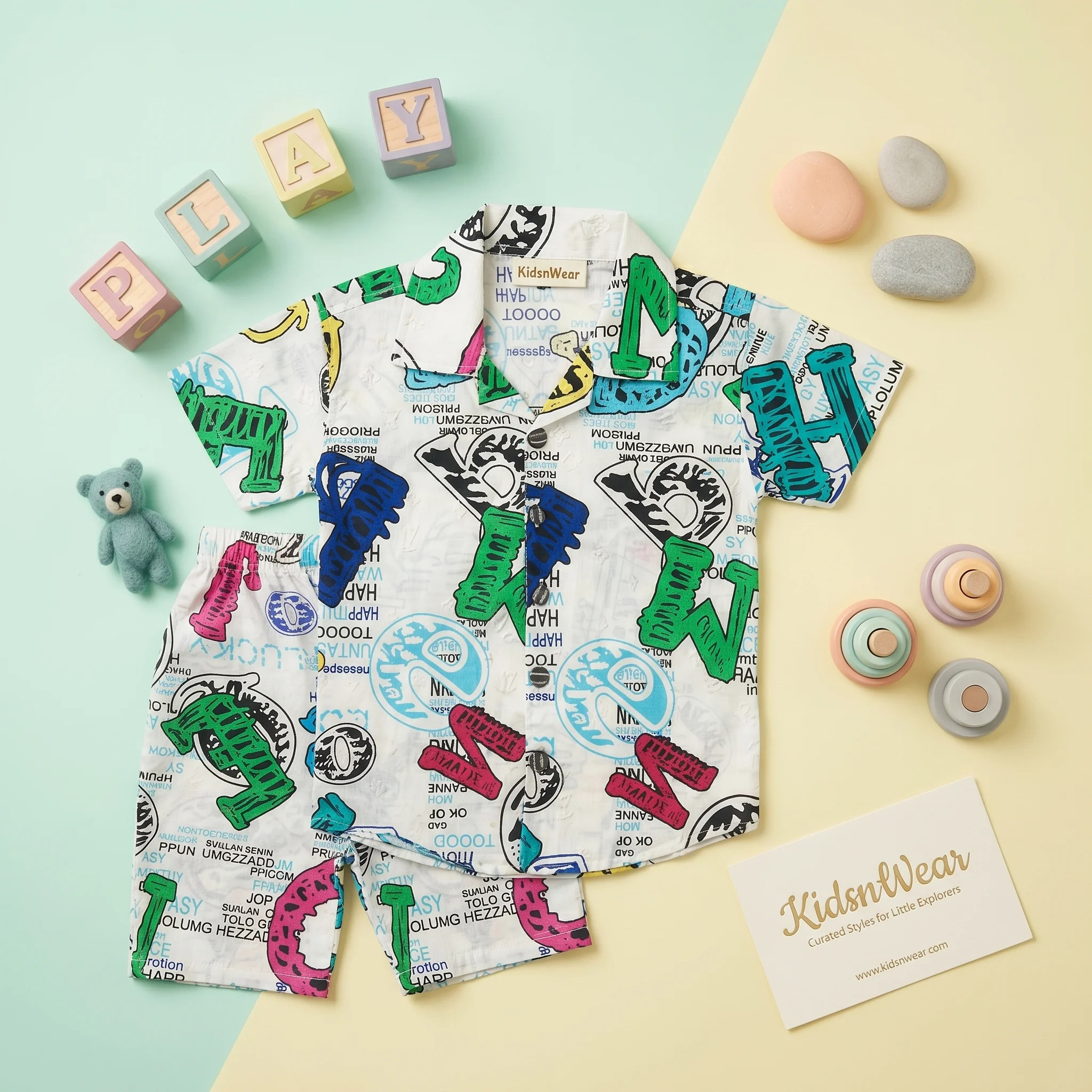 Boys' Graffiti Print Cuban Collar Shirt and Shorts Set - Image 2
