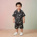 KidsnWear Boys’ Premium Urban Graffiti Print Button-Down Shirt and Shorts Set - Black