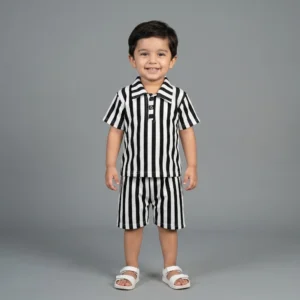 Premium Ribbed Vertical Stripe Polo Shirt and Shorts Luxury Set