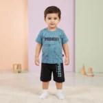 KidsnWear Boys’ Lightweight Interlock Cotton "PODEST" Graphic Tee and Shorts Set - Dusty Blue