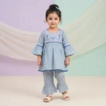 KidsnWear Baby Girls’ Pure Cotton Floral Embroidered Tunic and Bell Bottom Set - Blue