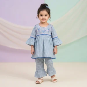KidsnWear Baby Girls’ Pure Cotton Floral Embroidered Tunic and Bell Bottom Set