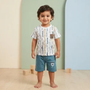 KidsnWear Boys’ Premium Earth-Tone Abstract Stripe Tee and Cargo Shorts Set