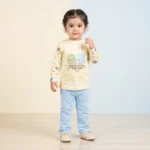 KidsnWear Girls’ Premium Interlock Cotton "Hello" Full-Sleeve Tee and Flared Trousers Set - Sky Blue