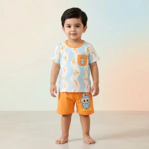 KidsnWear Boys' Premium Imported Interlock Cotton Wave Print Tee and Shorts Set