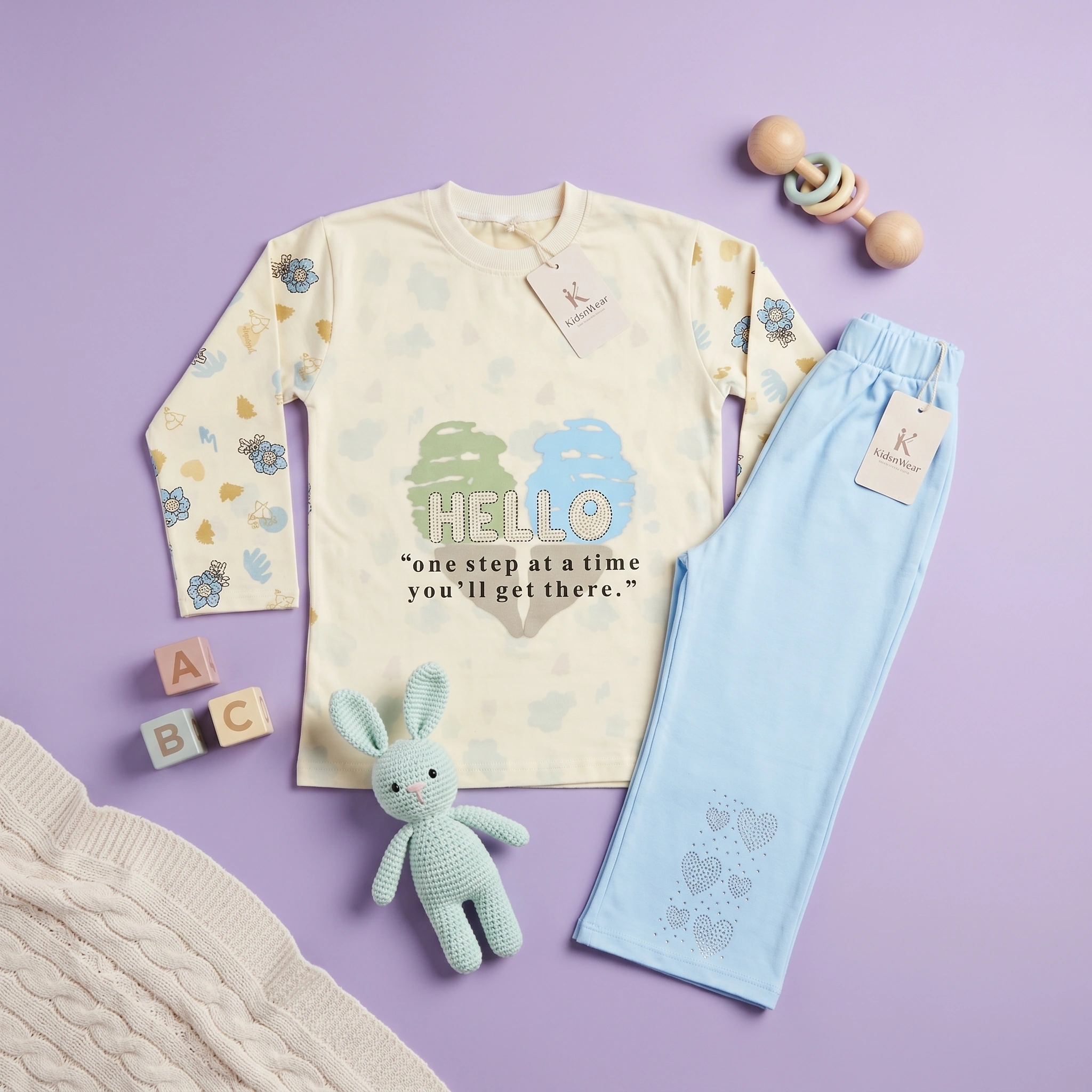 KidsnWear Girls’ Premium Interlock Cotton "Hello" Full-Sleeve Tee and Flared Trousers Set - Image 4
