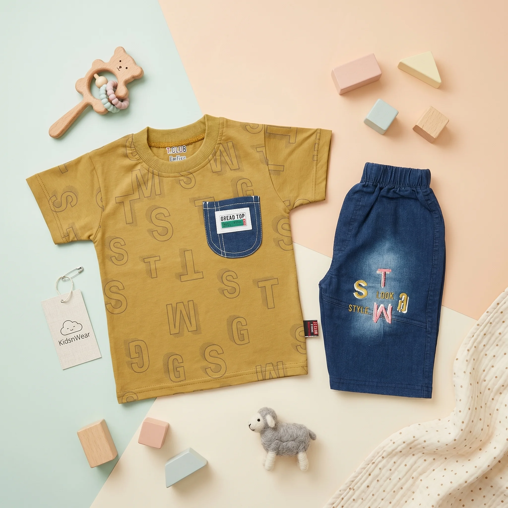 KidsnWear Boys’ Lightweight Interlock Cotton Alphabet Print Tee and Denim-Style Shorts Set - Image 6